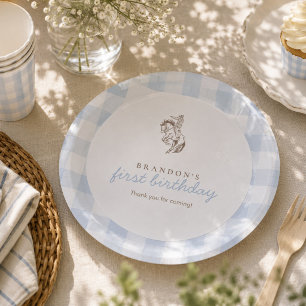 Erster Rodeo-Cowboy-Geburtstag Blau Gingham Vorneh Pappteller