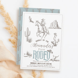 Erster Rodeo Cowboy Western Blue 1. Geburtstag Einladung