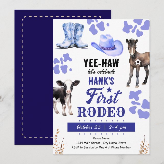 Erster Rodeo Western Geburtstag BLAU Einladung (Vorne/Hinten)