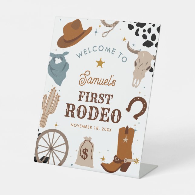 Erster Rodeo Western Junge Erstgeburtstag Willkomm Sockelschild (Vorderseite)