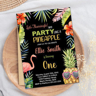 Erster Schwarzer Flamingo & Ananas Geburtstag Einladung