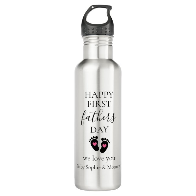 Erster Tag des Vaters - Kinderfußabdrücke und rosa Edelstahlflasche (Vorderseite)