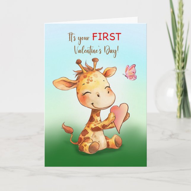 Erster Valentinstag Niedlich Happy Giraffe mit Her Karte (Vorderseite)