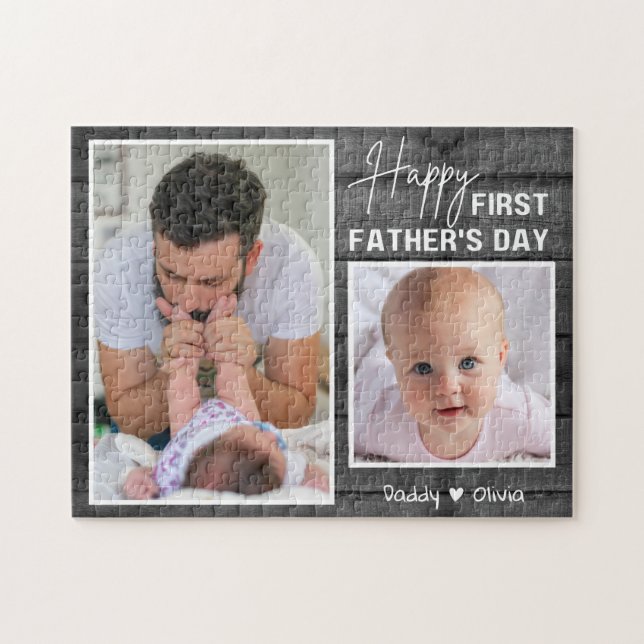 Erster Vatertag New Dad Black Wood 2 Foto (Horizontal)