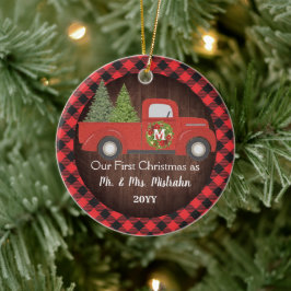 Erster Verheirateter Truck Karierte FOTO Keramik Ornament