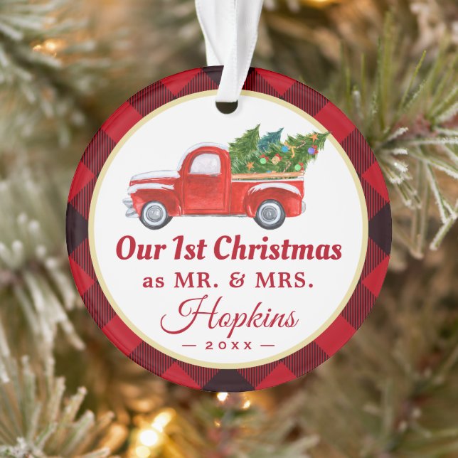 Erster Verheirateter Weihnachtswagen Rotes Kariert Ornament (Baum)