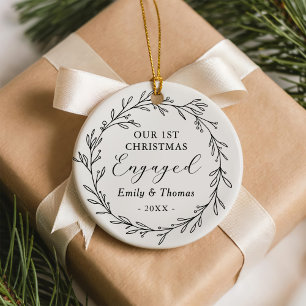 Erster Weihnachten verlobt Floral Botanischer Kran Keramik Ornament