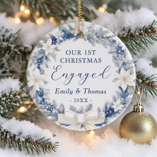 Erster Weihnachten verlobt Floraler Kranz Foto Keramik Ornament
