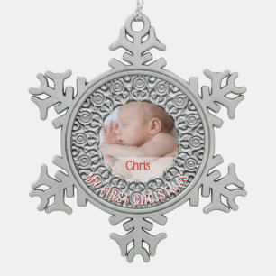 Erster Weihnachtsbaby-Foto-Namen-elegantes Schneeflocken Zinn-Ornament