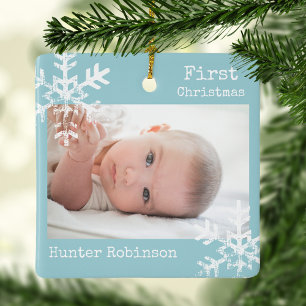 Erster Weihnachtseis Blaues Foto Schneeflocken Keramikornament