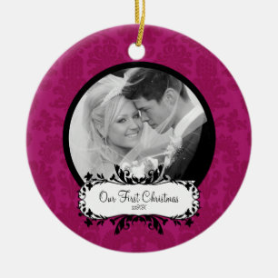 Erster WeihnachtsFoto-Verzierungs-Rosa-Damast Keramik Ornament