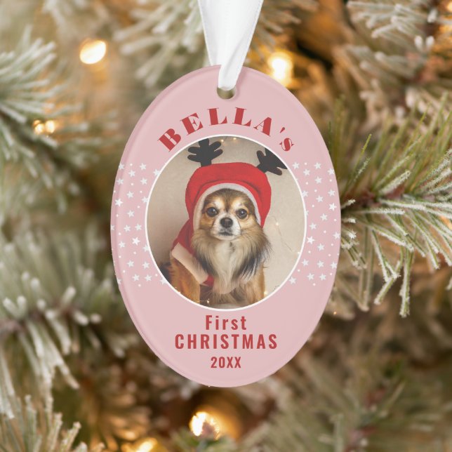 Erster Weihnachtshund Foto Stars Rosa Rosa Ornament (Baum)