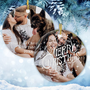 Erster Weihnachtshund Moderne Kalligrafie Foto Keramik Ornament