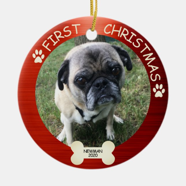Erster Weihnachtshund Niedlich Red Keramik Ornament (Vorne)