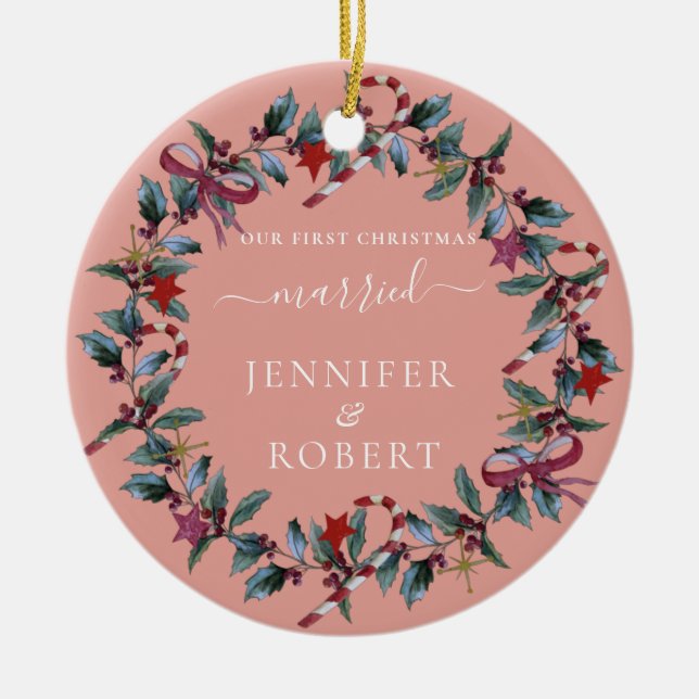 Erster Weihnachtskranz Verheirateter Rose Keramik Ornament (Vorne)