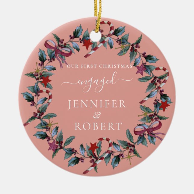 Erster Weihnachtskranz Verlobtes Foto Keramik Ornament (Vorne)