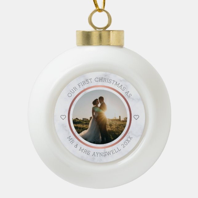 Erster Weihnachtsmann & Foto Elegant Marmor Keramik Kugel-Ornament (Vorderseite)