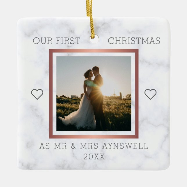 Erster Weihnachtsmann & Foto Elegant Marmor Keramikornament (Vorderseite)