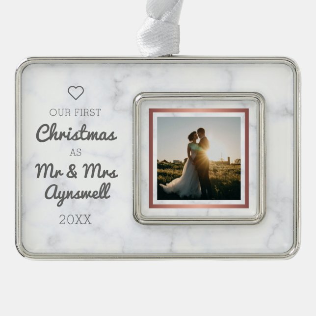Erster Weihnachtsmann & Foto Elegant Marmor Rahmen-Ornament Silber (Vorderseite)
