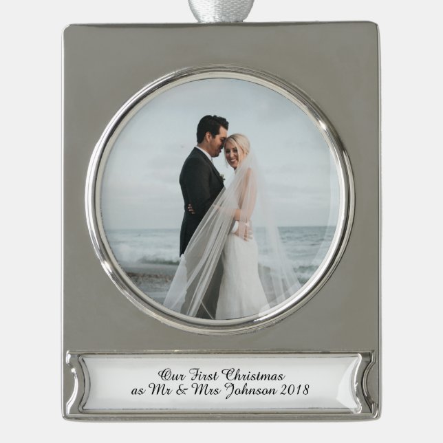 Erster Weihnachtsmann & Frau Verheiratete Coupé Banner-Ornament Silber (Vorderseite)