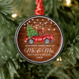 Erster Weihnachtsmann und Frau Wood Lights Truck Ornament Aus Metall