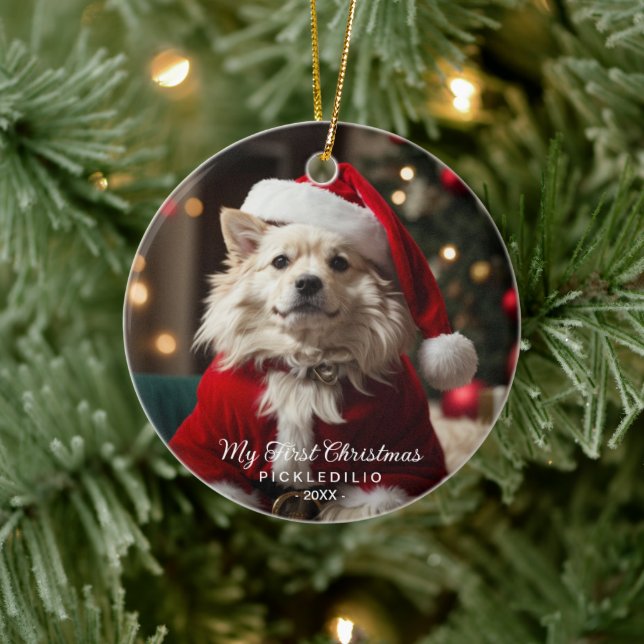 Erster Weihnachtsmensch Hund Funny Foto Ornament (Baum)