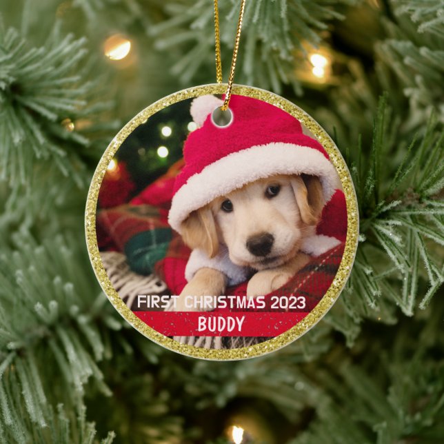 Erster Weihnachtswelpen Hund Keepake Foto Ornament (Baum)
