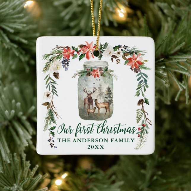 Erster WeihnachtsWinter Blumentauber Familie Grün Keramikornament (Baum)