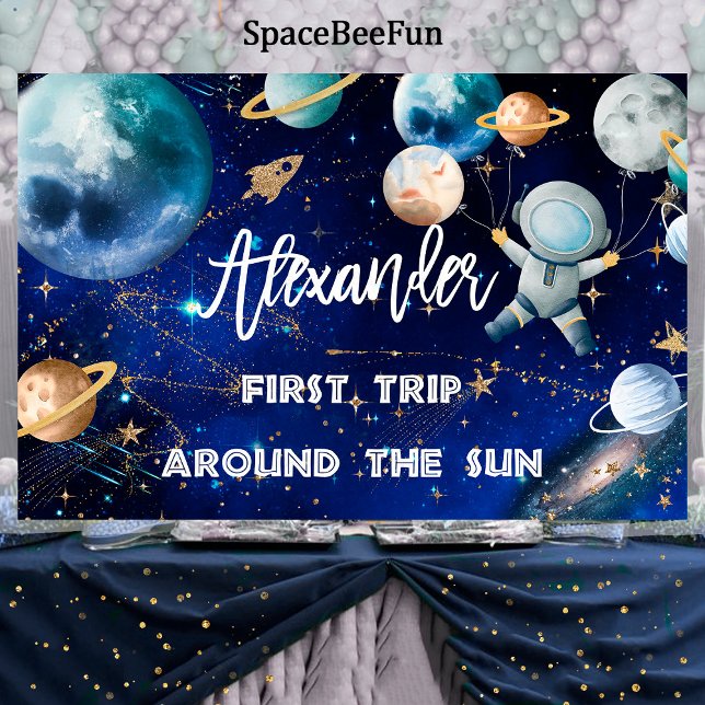 Erster Weltraum-Hintergrund-Banner Geburtstag Will Banner (Trip Around the Sun,First Outer Space,Backdrop Banner,Birthday Welcome sign,Boy Astronaut First Trip)