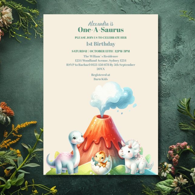Erstes 1. Geburtstag Party Wasserfarbendinosaurier Einladung (Von Creator hochgeladen)