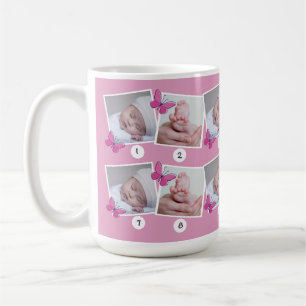 Erstes Babyjahr Foto-Collage Rosa Schmetterlinge  Kaffeetasse