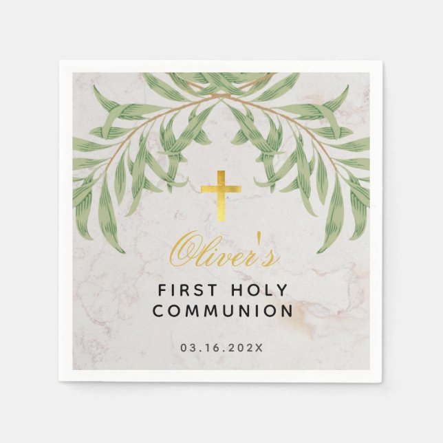 Erstes Communion Greenerage Foliage Marble Gold Cr Serviette (Vorderseite)