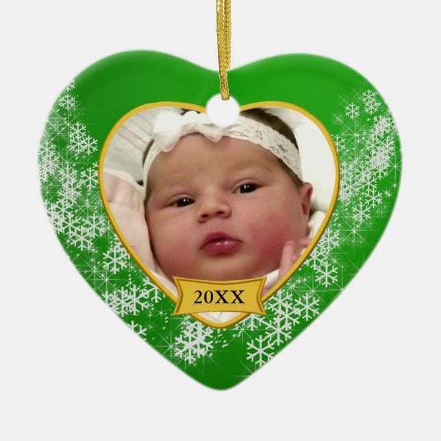 Erstes Foto grünen Babys Snowy Weihnachts Keramik Ornament (Vorne)