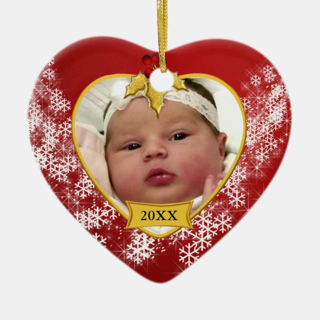Erstes Foto roten Babys Snowy Weihnachts Keramikornament (Vorne)