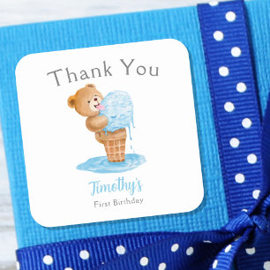 Erstes Geburtstag Teddybär Eiscreme Quadratischer Aufkleber