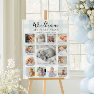 Erstes Geburtstags-Foto-Timeline mit blauem Gingha Poster
