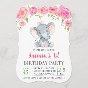 Erstes Geburtstagsmädchen Floral Pink Elefant Part Einladung