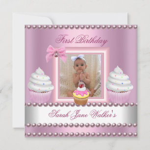 Erstes Geburtstagsmädchen Rosa Cupcakes Weiße Perl Einladung