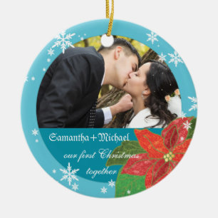 Erstes Geschenk des Poinsettia-Hochzeits-Paares Keramikornament