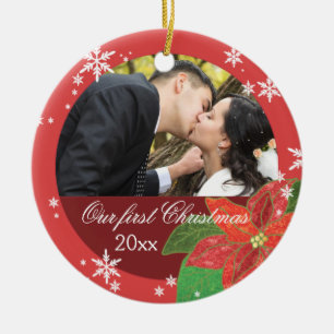 Erstes Geschenk des Poinsettia-Hochzeits-Paares Keramikornament