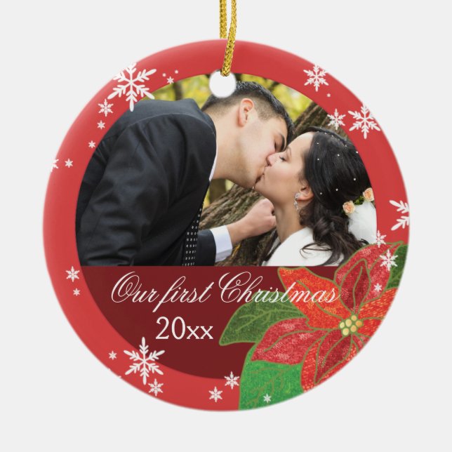 Erstes Geschenk des Poinsettia-Hochzeits-Paares Keramikornament (Vorne)
