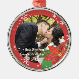 Erstes Geschenk des Poinsettia-Hochzeits-Paares Silbernes Ornament
