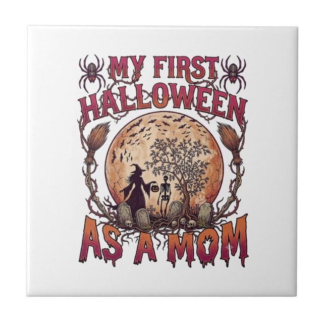 Erstes Halloween als Mutter Hexe Skelett Mond_1 Fliese (Vorderseite)