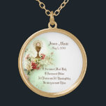 Erstes heilige Kommunions-traditionelles Vergoldete Kette<br><div class="desc">Dieses ist ein schönes traditionelles katholisches Vintages Bild des heiligen Wirtes (Kommunion) über dem Chalice mit Frühlings-Blumen. Text und Schriftart können geändert werden. Wir bieten auch zusammenpassende Kommunionseinladungen, Karten, Bevorzugungen, Aufkleber, etc., mit diesem Entwurf an. Besuchen Sie die Dusche von RosenShoppe auf Zazzle und grasen Sie unsere große erste Sammlung...</div>