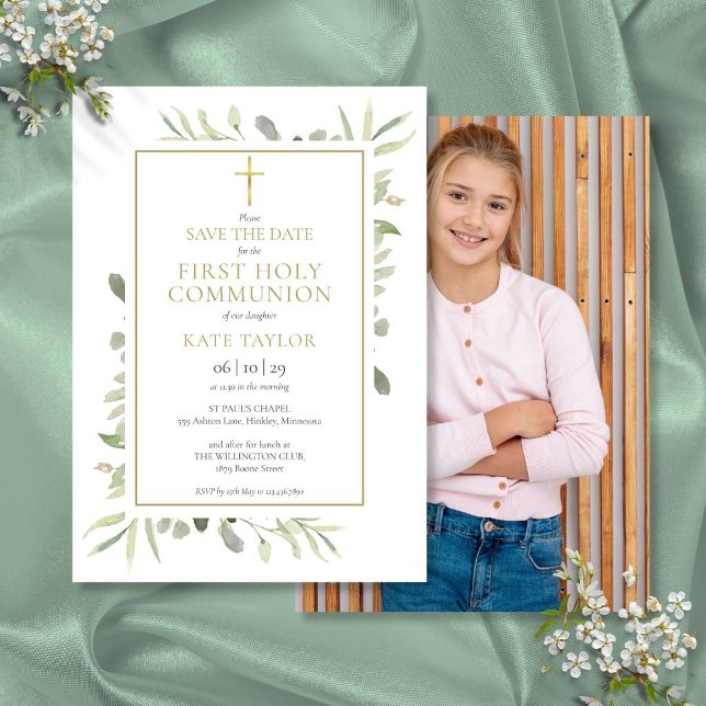 Erstes Heiliges Kommunion Greenery Foto Save The Date (First Holy Communion Greenery Photo Save The Date)