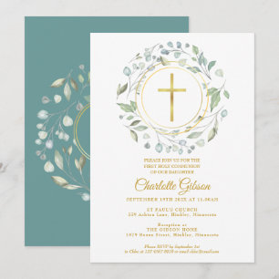 Erstes Heiliges Kommunion Greenery Gold Cross Einladung