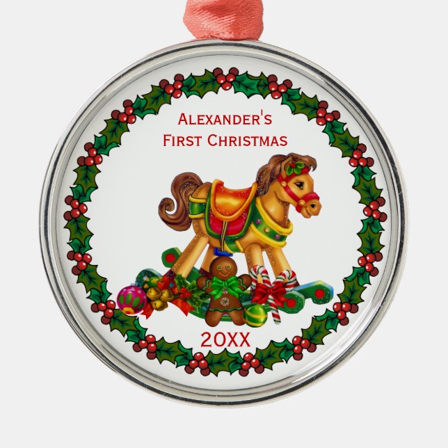Erstes Heirloom-Ornament des Babys Ornament Aus Metall (Vorne)