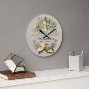 Erstes Hochzeitsjubiläum Papercut-Kraniche Paar Große Wanduhr