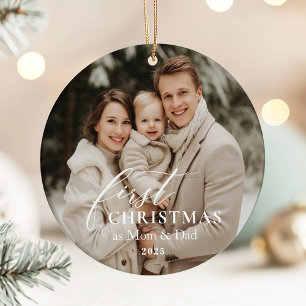 Erstes Jahr als Mama und Papa Weihnachtsfoto  Keramik Ornament