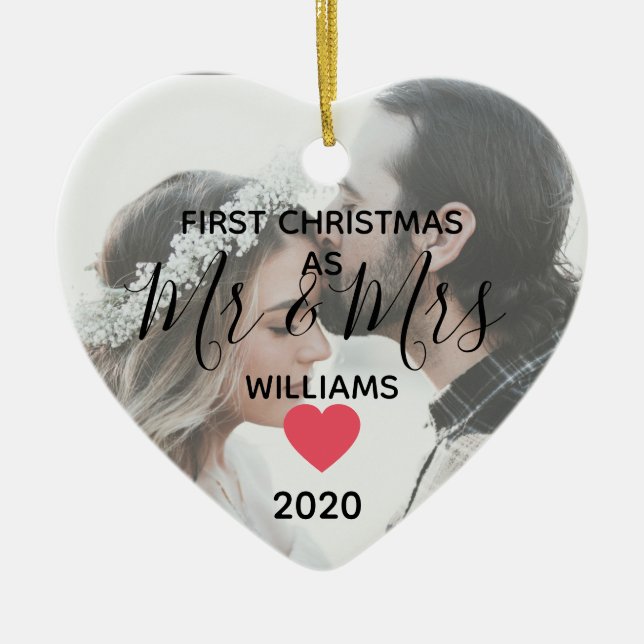 erstes Jahr als Mr. & Mrs. Happy Foto Keramik Ornament (Vorne)